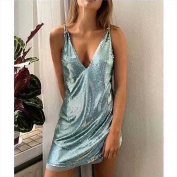 Double Take Sequin Mesh Tie V Hipster Hippie Art Deco Farm Boho Chic Hip Dress - Picture 1 of 2